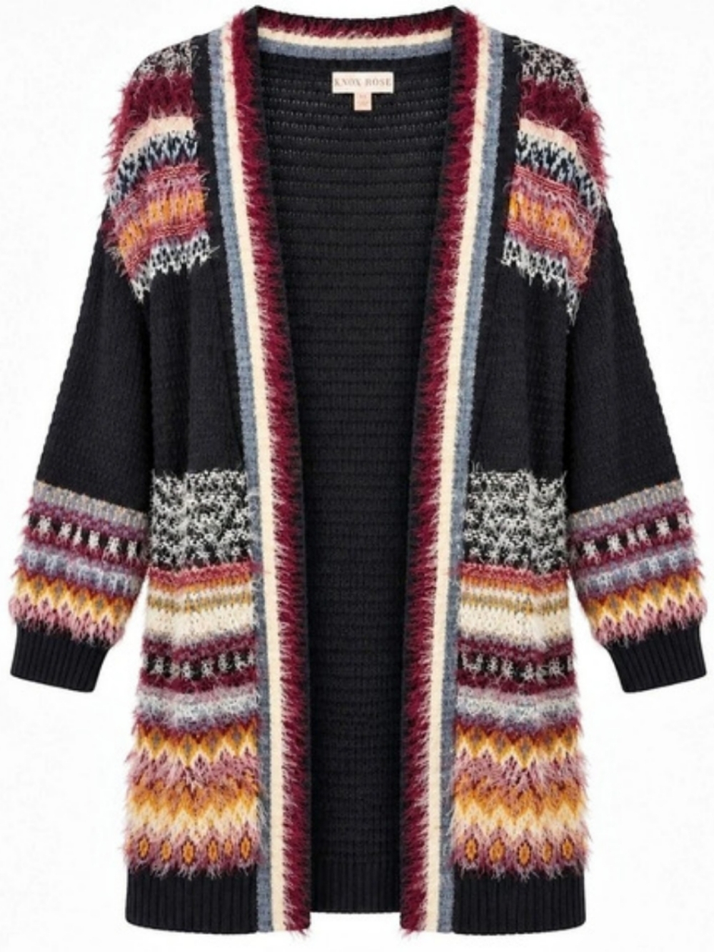 River Island Open Front Geometric Cardigan in Black & Multicolor Like New